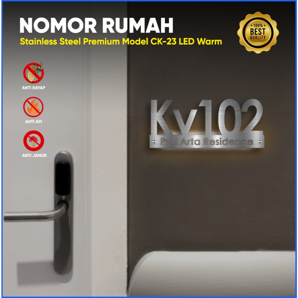 Nomor Rumah Stainless CK-23 Premium | Plat Nomor Rumah Custom Stainless Steel Hairline