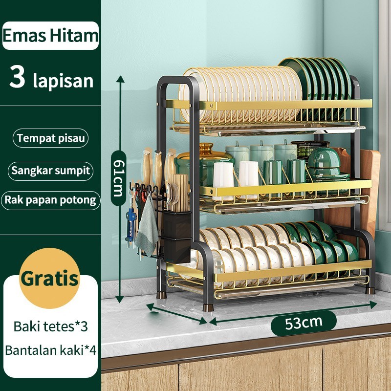 Rak piring rak piring dapur rak penyimpanan piring susun muat mangk - 3 Lapis Gold-53