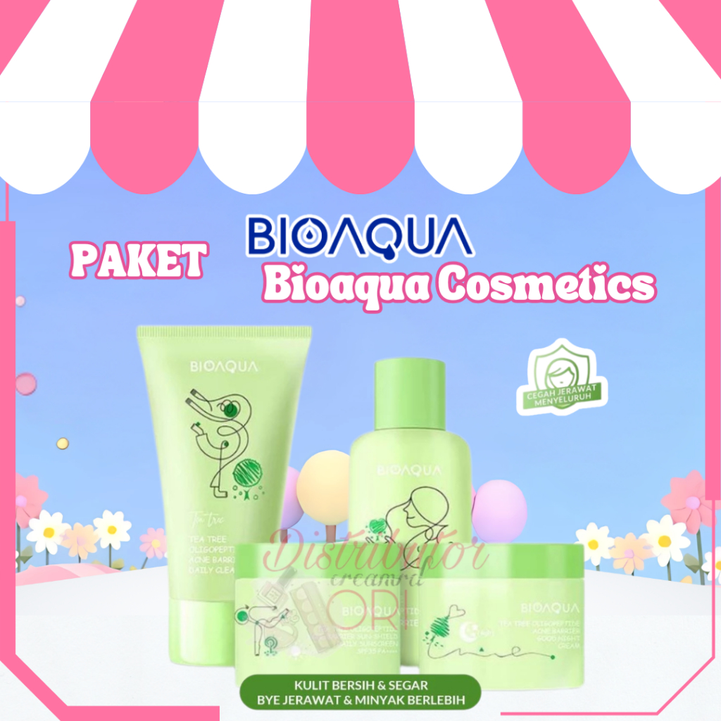 BIOAQUA 4pcs Skincare Paket Tea Tree Oligopeptide Acne Set With Cleanser / Toner / Sunscreen / Night