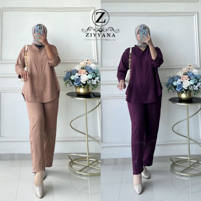 Celina oneset basic rayon twill premium | setelan wanita dewasa kemeja celana kulot casual tangan pa