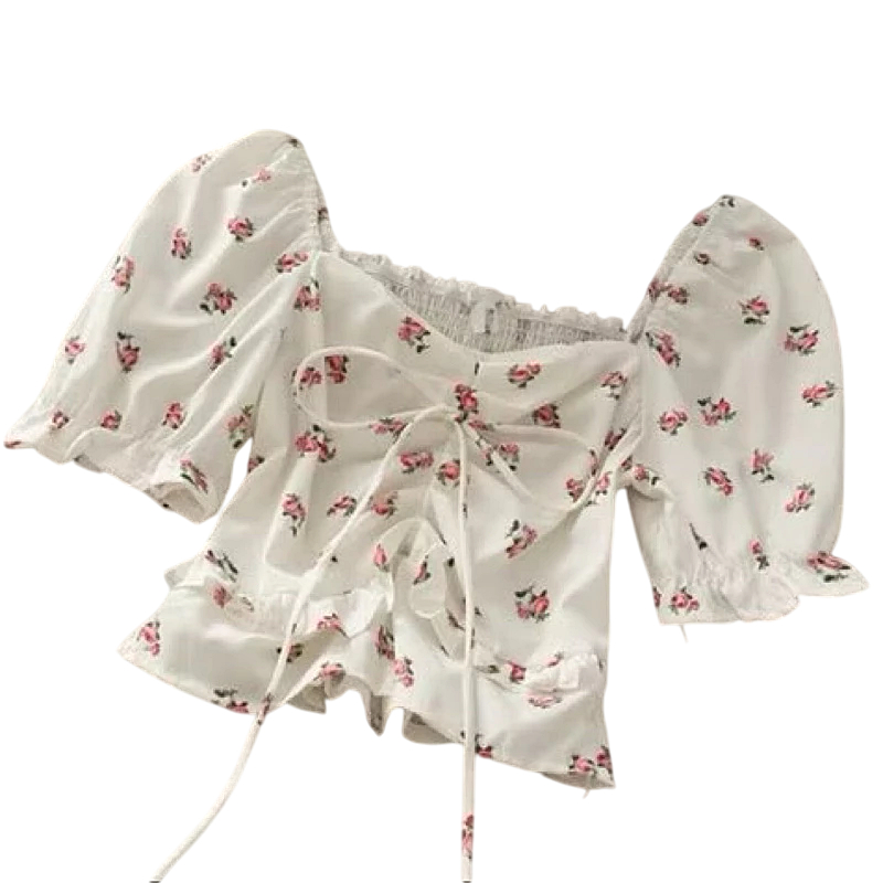 GF88 - Atasan Blouse Crop Top Sabrina Puff Karet Baju Lengan Pendek Motif Printing Bunga Floral Kore