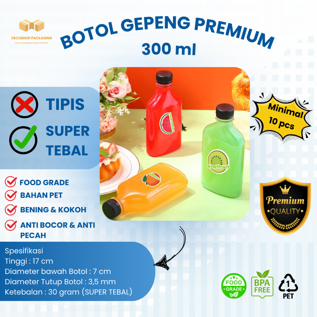 Botol Plastik PET Gepeng TEBAL 300ml BENING PREMIUM 30gr / botol plastik gepeng 300 ml / BOTOL PLAST