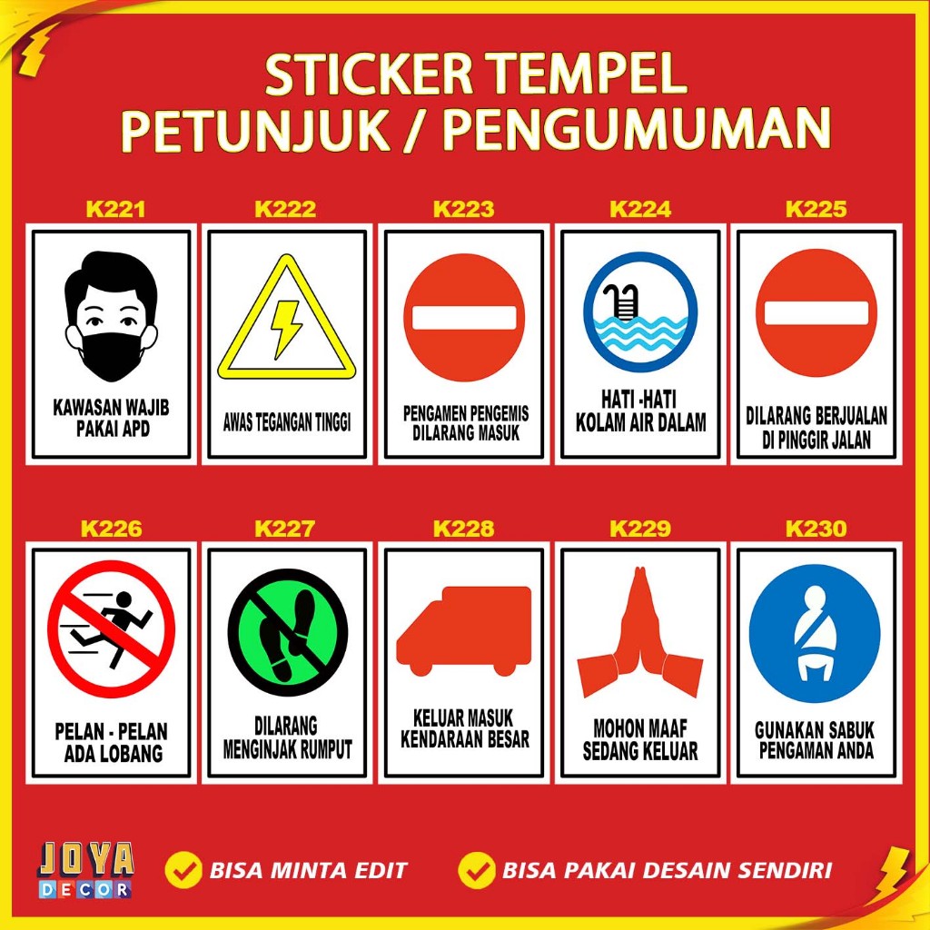 

Sticker Stiker Petunjuk Warning Pengumuman kawasan wajib pakai apd awas tegangan tinggi dilarang menginjak rumput mohon maaf sedang keluar kk221