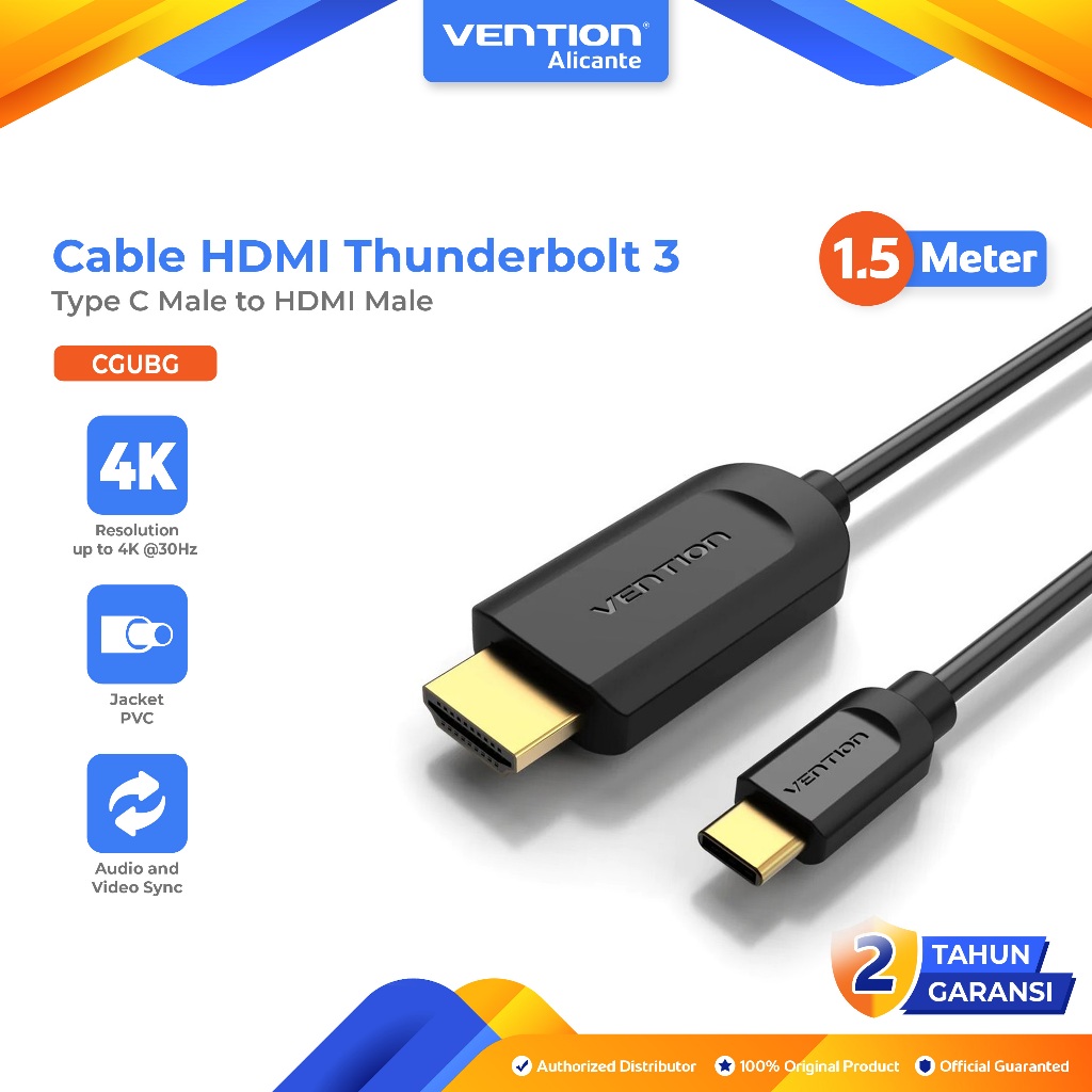 Vention Converter Kabel Type C to HDMI Thunderbolt 3 4K 30Hz Gold Plate Converter Cable 1.5M 1.5 Met