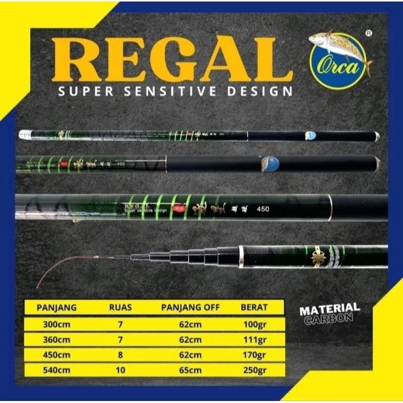 joran  tegek orca regal  360 | 450 | 540 | sudah x-wrap ruas tertutup 62 sd 65 cm action super sensi