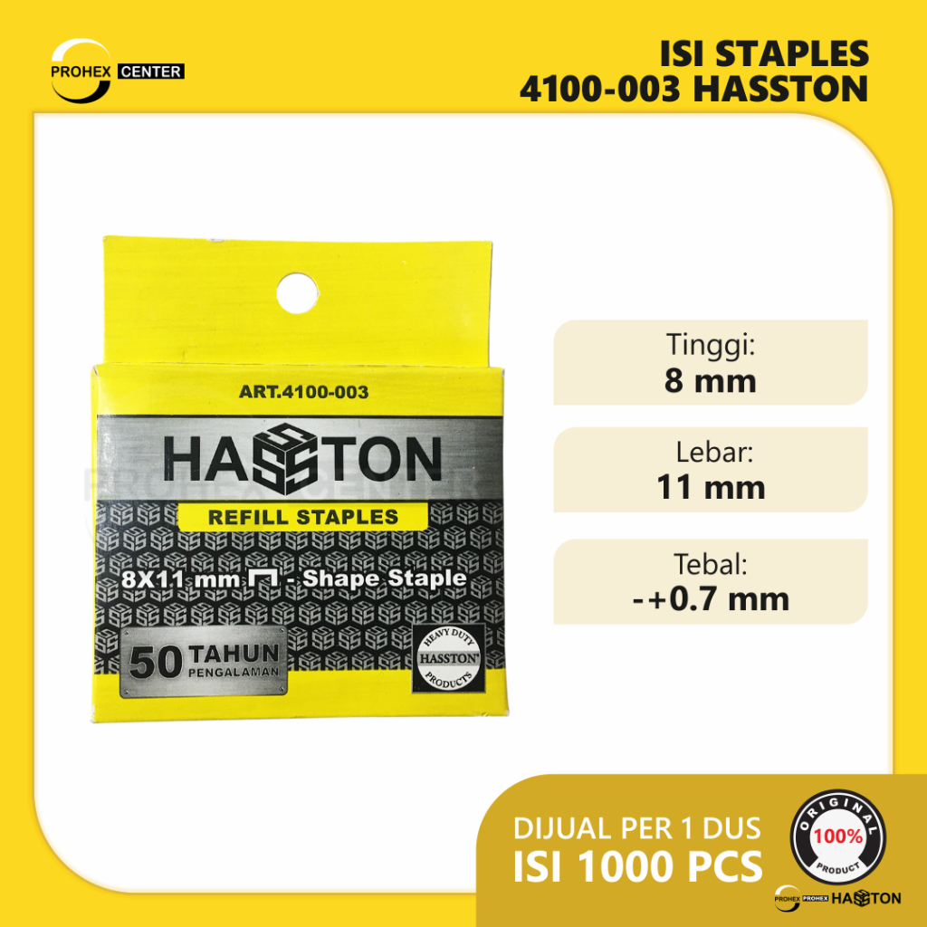 

Isi Staples / Staple gun HASSTON PROHEX 8MM X 11MM Isi 1000ps/ TEBAL 0,7MM
