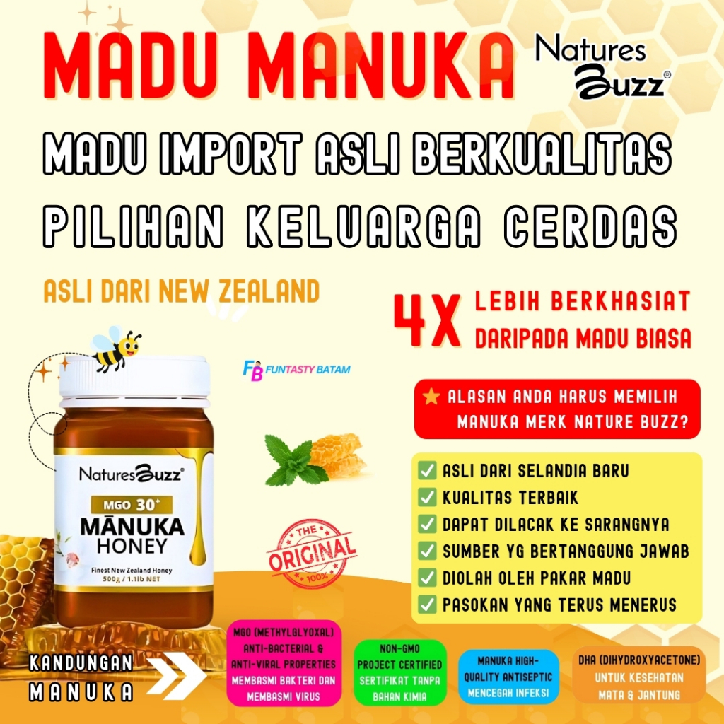 

Madu Manuka | Clover Asli 100% Honey MGO30+ Merk Natures Buzz Original Import Selandia Baru Termurah