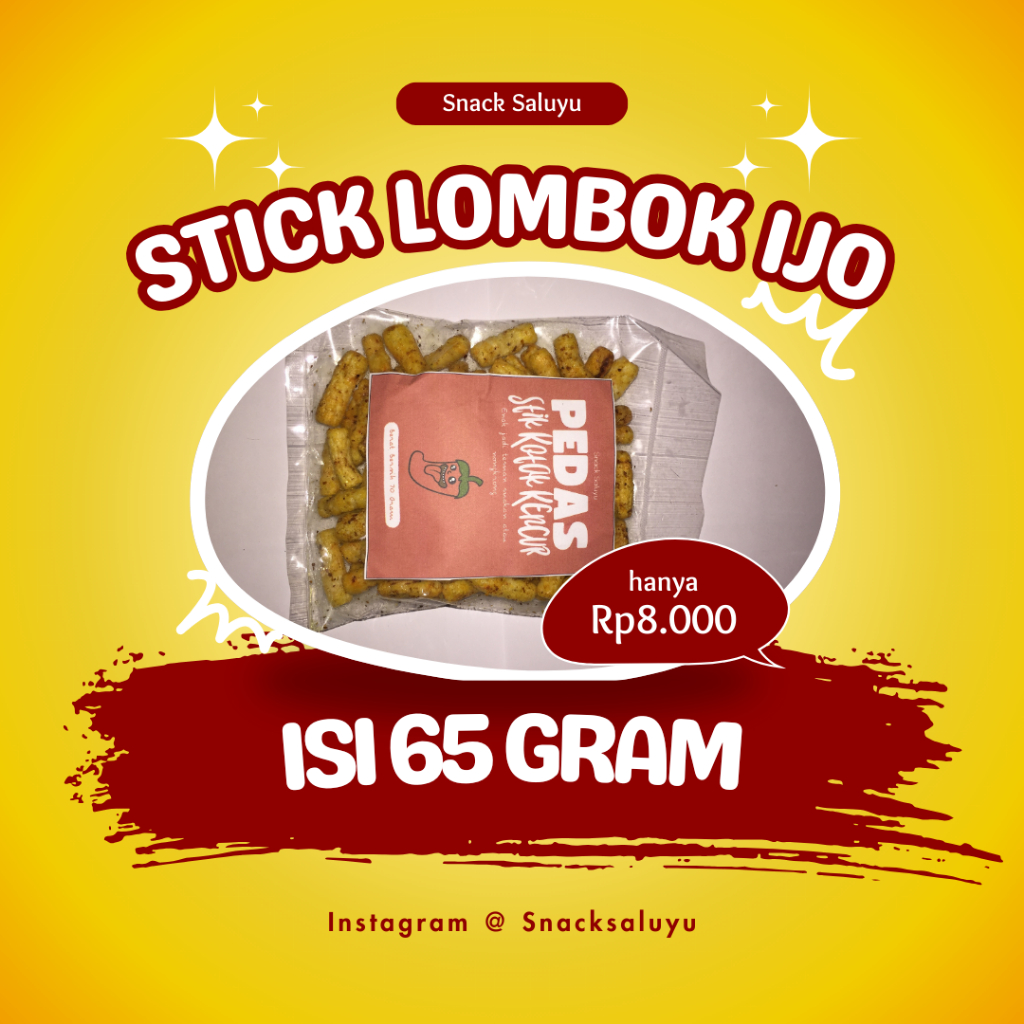 

Stick Lombok Ijo Pedas 65 Gram Snack Enak Siap Santap Jajanan Ringan Murah Makanan Ringan Teman Nonton dan Makan