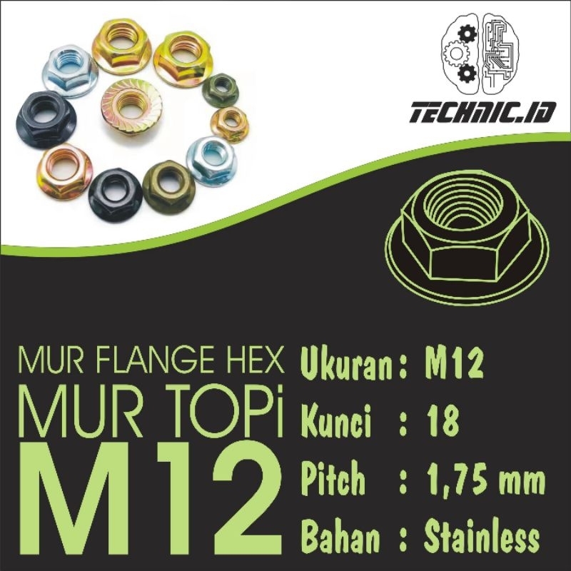 Mur Flange Hexagonal m12, mur flange hex m12, mur topi m12, mur Flange Hexagonal kunci 19,  mur flan