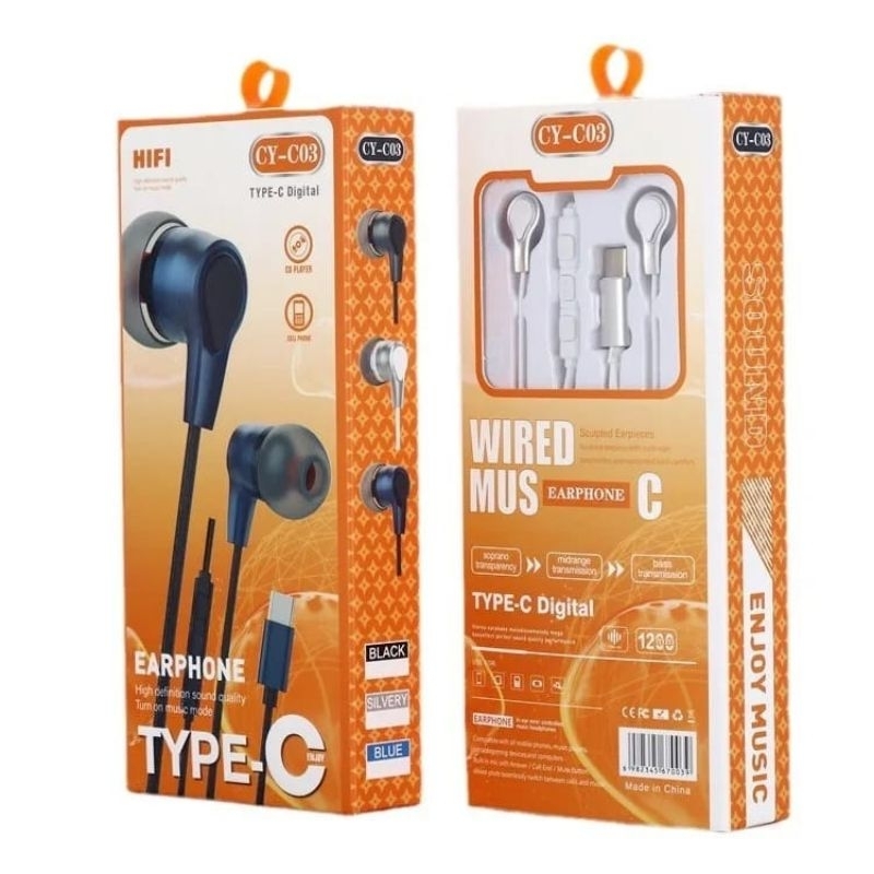 Handsfree Headset CY-C03 Type-C Extra Bass Earphone Kabel Mic Suara Jernih Musik HP