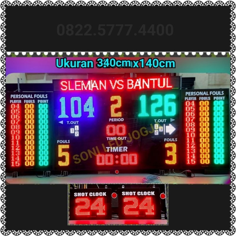 Scoreboard basket Fulset Besar 340cmx140cm lengkap dg Personal fouls + 1 set shotclock Remot wireles
