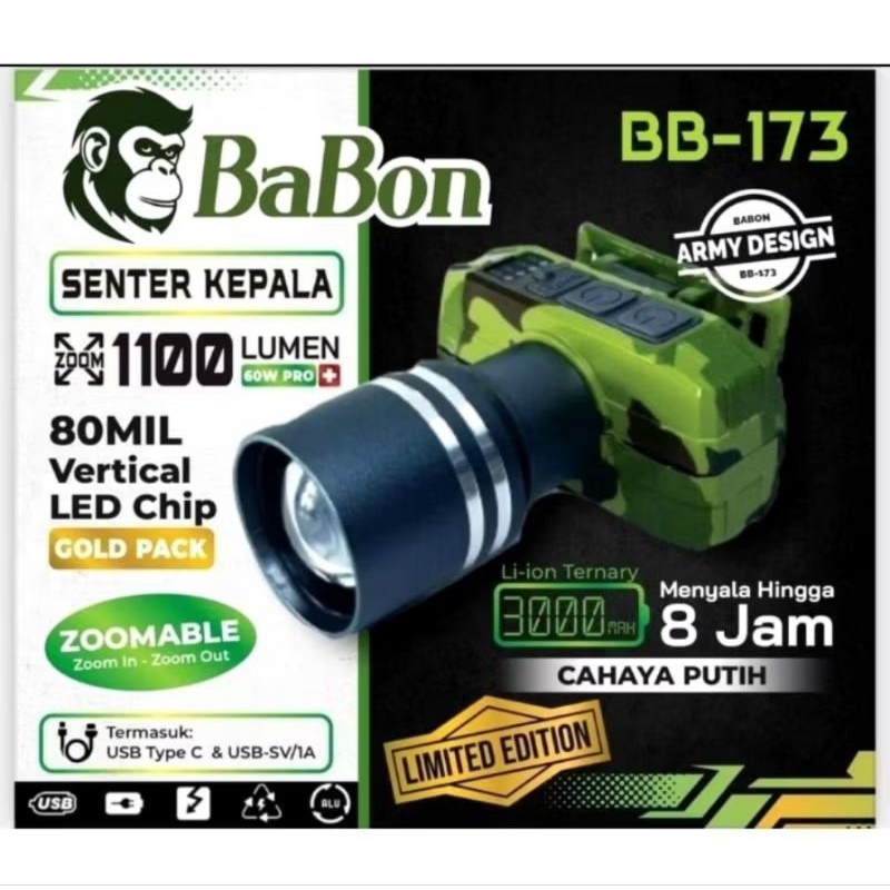babon bb-173 senter kepala zoom 60wat pro+ 1100lumen loreng cahaya putih dan kuning
