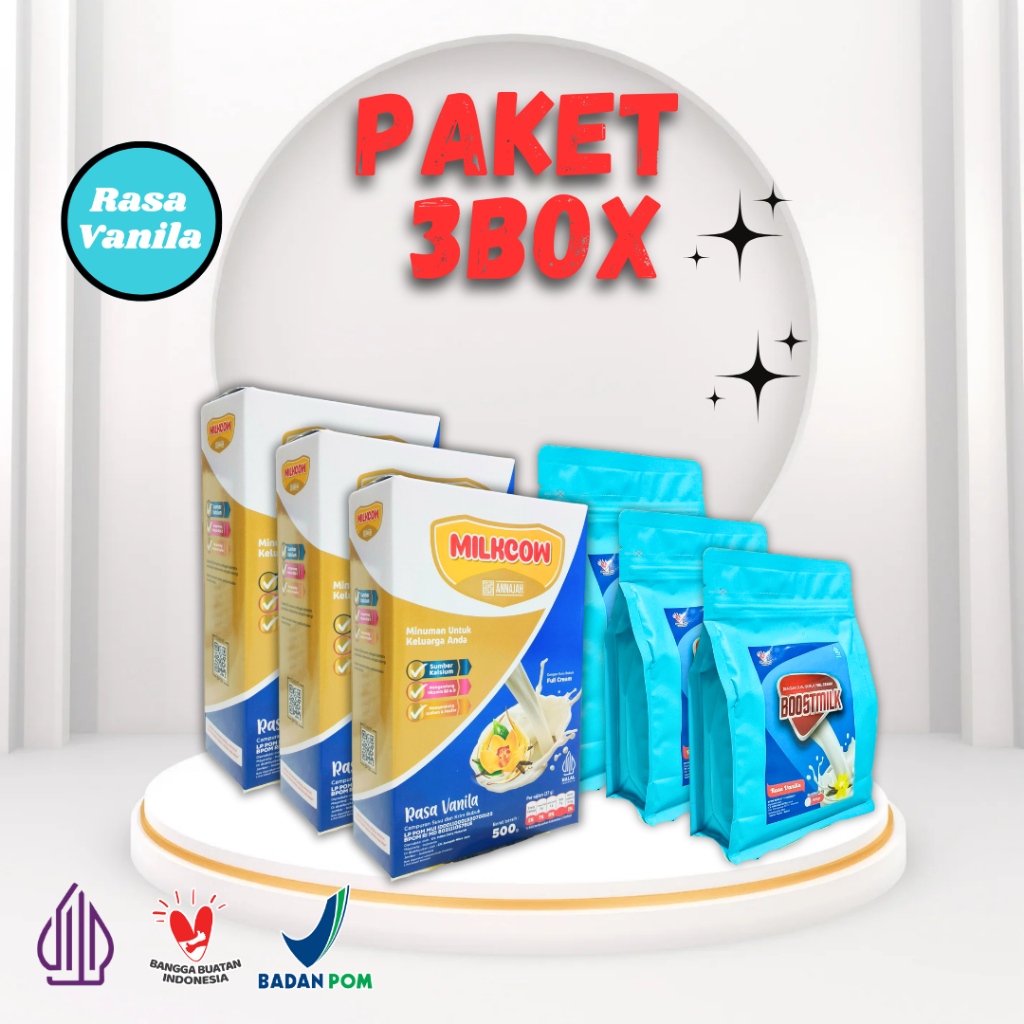 

PAKET HEMAT 1,2,3BOX MILKCOW DAN BOOSMILK SUSU BUBUK SAPI RASA VANILA KEMASAN 500GR UNTUK PENGGEMUK BADAN DAN PENINGGI BADAN