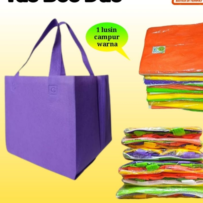 

(isi 12 PCS) Box dus 20x20 & 22x22, Mix warna Tas spunbond, Goodie bag Harga per Lusin