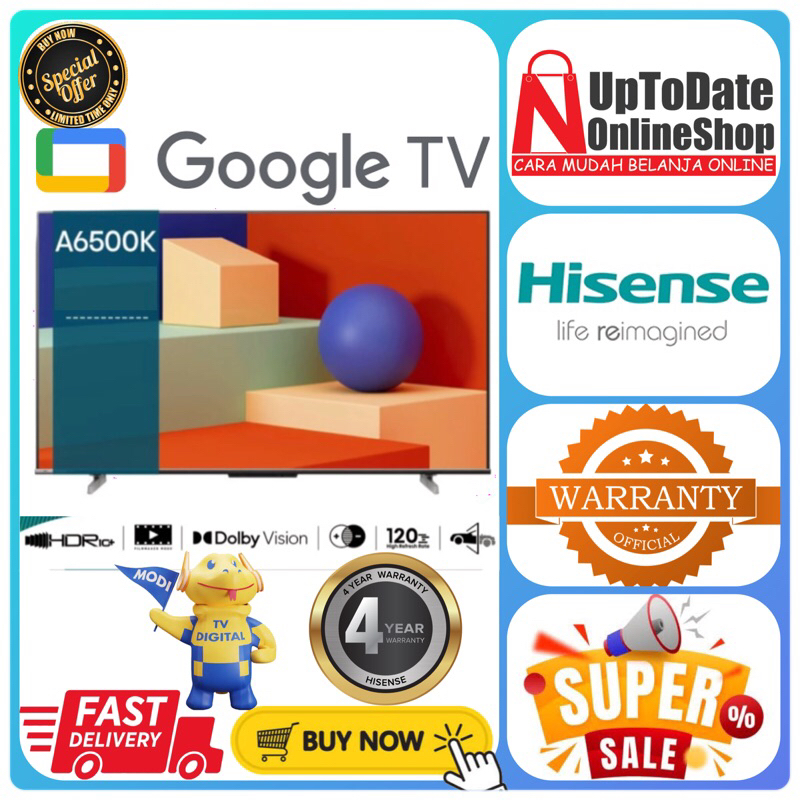 TV HISENSE 65A6500K 65A6500 A6500K GOOGLE SMART TV 4K UHD LED HISENSE 65INCH HDR10