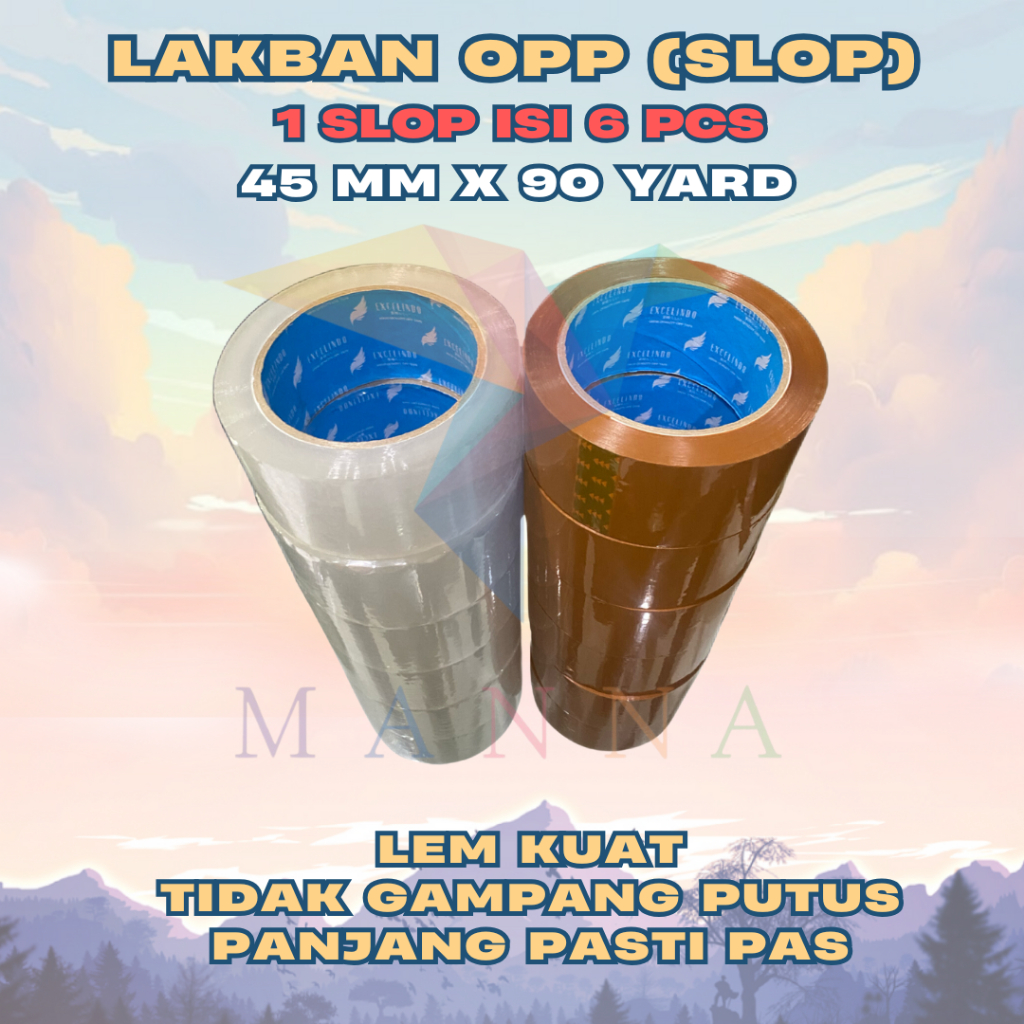

(1 SLOP/6 BIJI) Lakban Bening/Coklat OPP 2 inch 45mm x 90 yard 45 micron merk Excelindo PREMIUM QUALITY