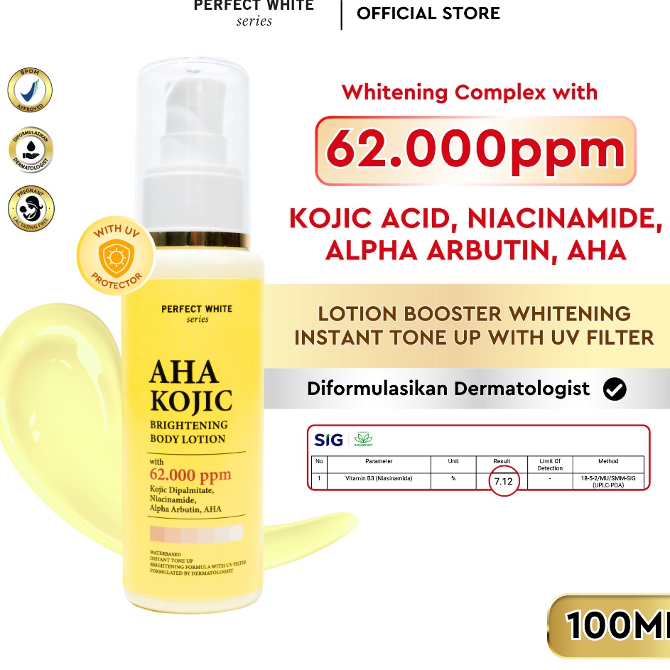 BISA COD  PERFECT WHITE 1ml AHA Kojic Brightening Body Lotion  Hand Lotion with Instant Tone Up with