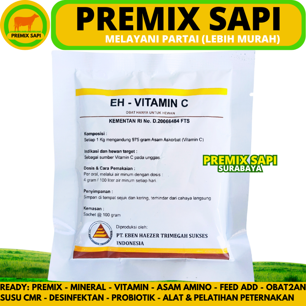 EH VITAMIN C 100 GRAM (ASCORBIC ACID UNCOATED 97,5 %) - Vitamin C Untuk Ternak Ayam Bebek Puyuh Via 