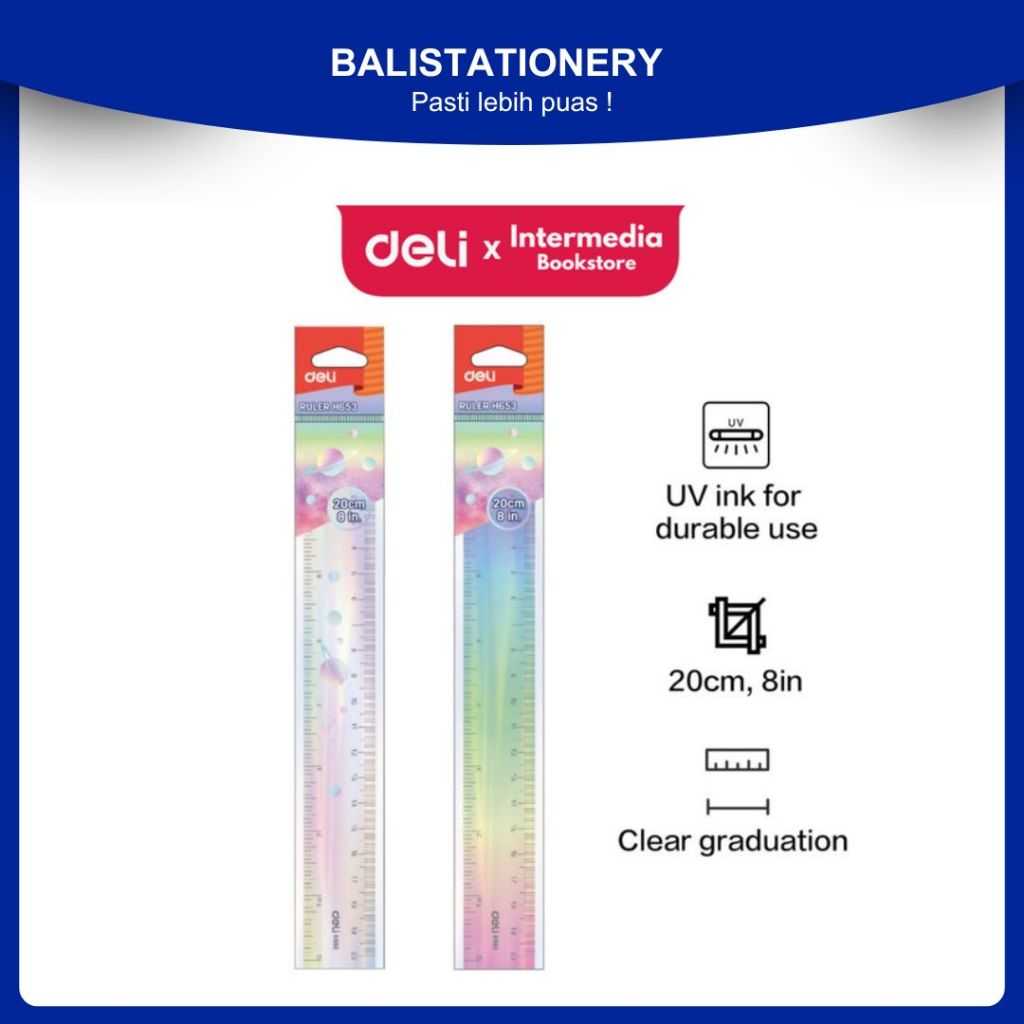 

Penggaris Plastik Deli EH653 20 cm / 8 Inch Tahan Lama dengan Tinta UV
