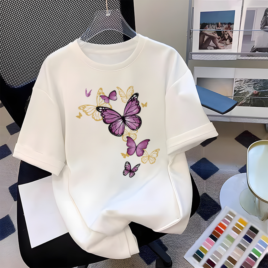 Pinyun Boxy Fit Kaos Oversized Tshirt Pria dan Wanita Butterfly Printed Katun Combed Bahan