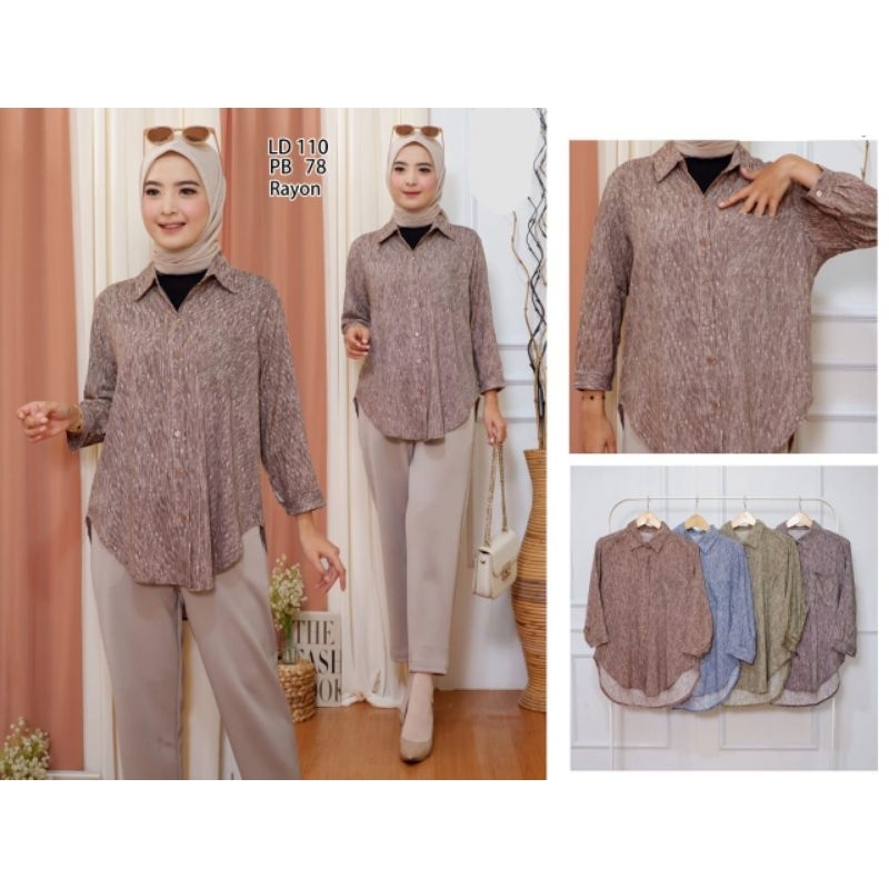 Kemeja Wanita Motif Salur Tangan Panjang / Atasan Wanita Motif salur Bahan Rayon