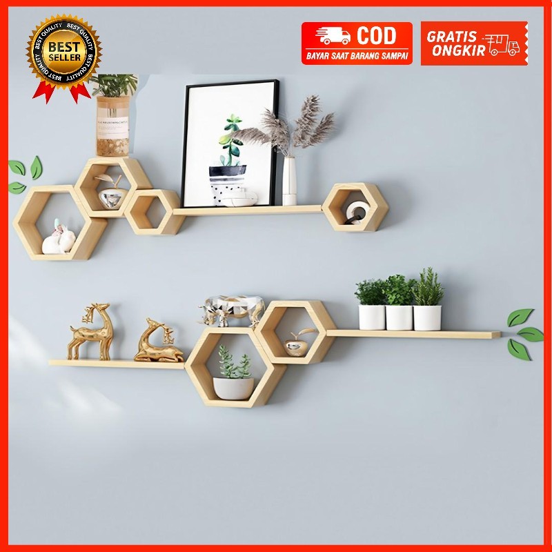 Rak Dinding Hexagonal Hiasan Dinding Aesthetic  Kayu Jati Belanda  Hiasan Serbaguna
