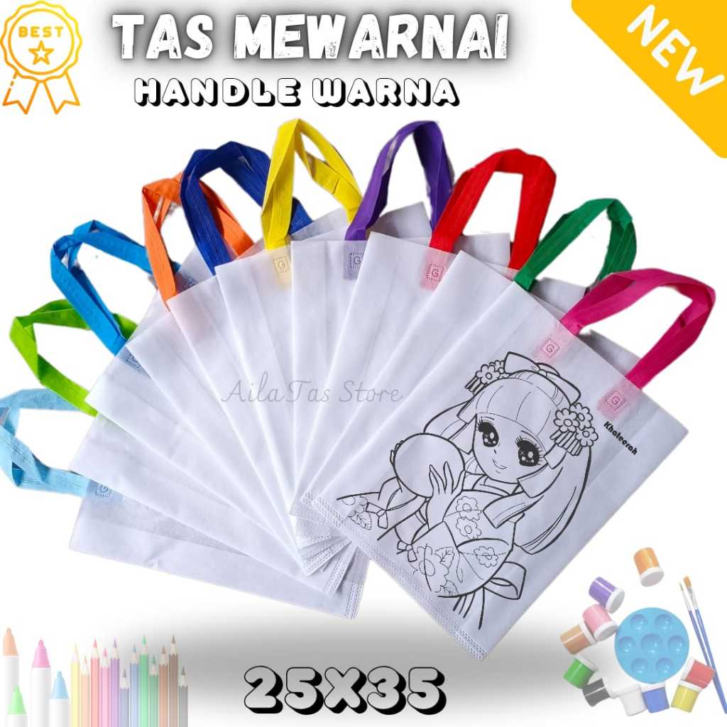 

(12 PCS)Tas Mewarnai Anak Kain spunbond ukuran 25x35 (TALI MIX WARNA) Harga Per Lusin