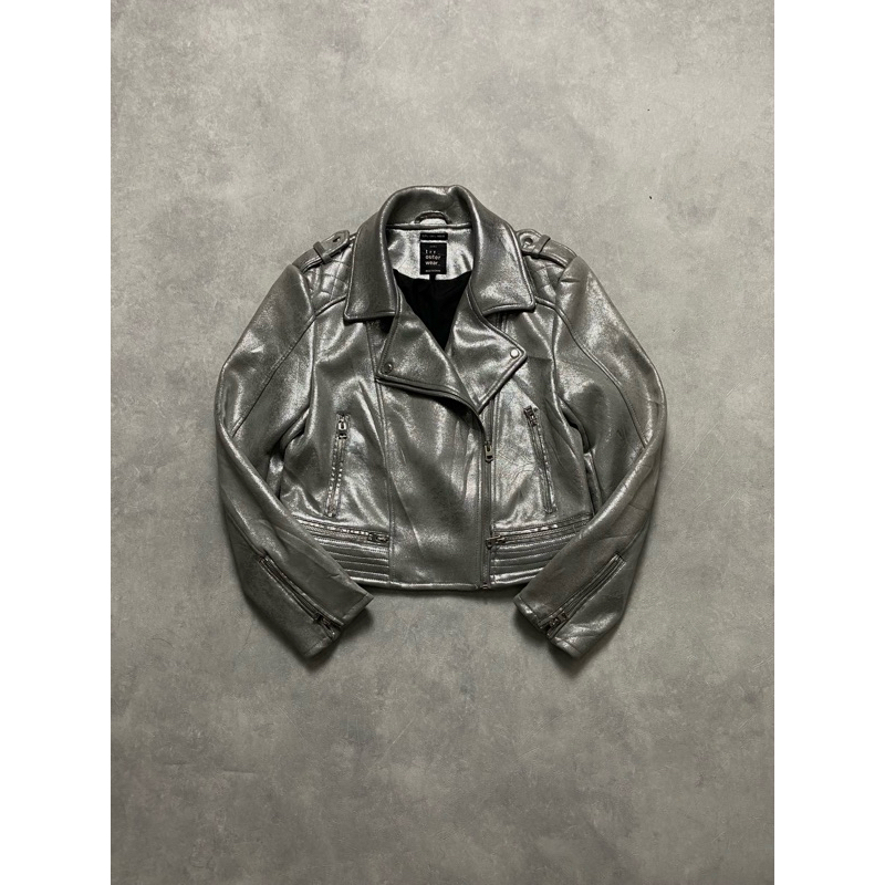 Zara Metallic Gray Ramones Bikers Leather Jacket