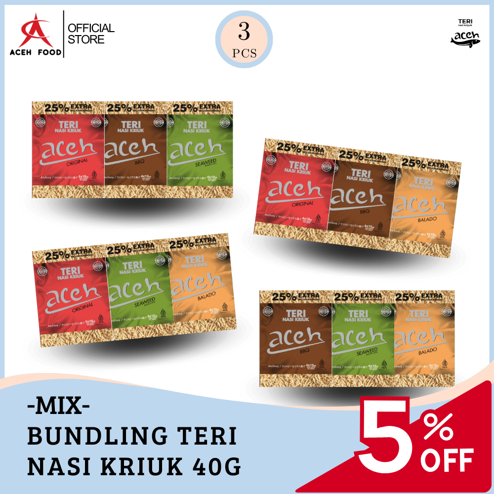 

Bundling Isi 3 Teri Aceh Nasi Kriuk Crispy MIX Kemasan Sachet 40gr x 3pcs - Aceh Food
