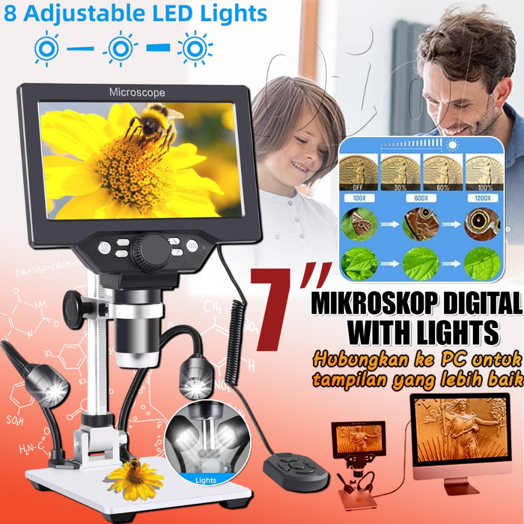 

G1200 Mikroskop Digital 1200X USB dengan Monitor & Stand Kaca Pembesar Elektronik HD LCD 7 inci Display 12 megapiksel Baterai internal dengan dua lampu LED