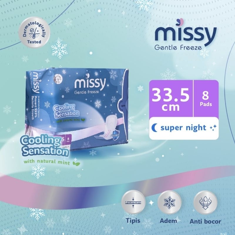 Pembalut MISSY GENTLE FREEZE SUPER NIGHT / Pembalut HERBAL Kesehatan Wanita Bersalin / Wings 335mm 8