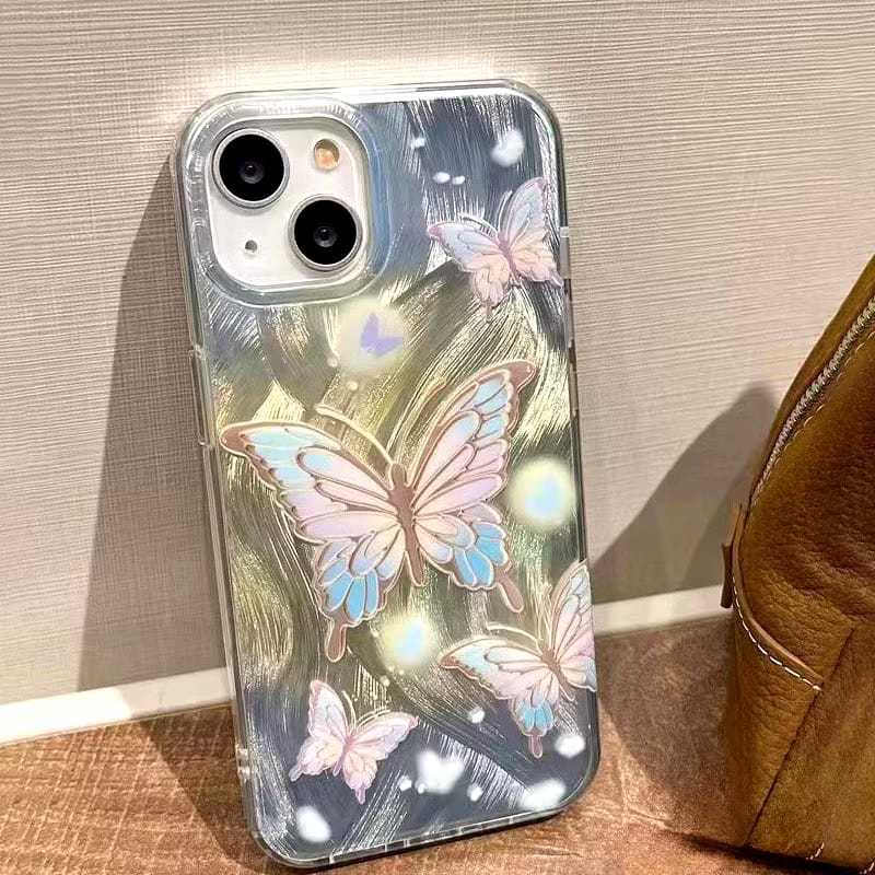 FANSTORE_PKU - C15 / Hard Case Luxury  / iPhone / Kupu Kupu Rainbow Hijau Kuning / Estetik / Hologra