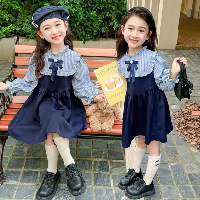 2-8Tahun Dress navy pita elegan baju anak perempuan gaun ootd korea