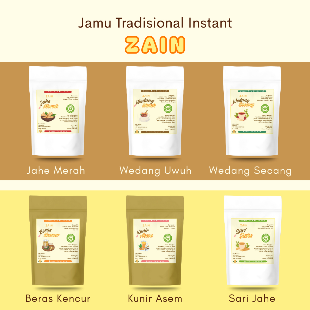 

Jamu Tradisional Instan ZAIN Izin P-IRT - Beras Kencur - Kunir Asem Kunyit Asam - Sari Jahe - Jahe Bubuk - Jahe Merah - Wedang Uwuh - Wedang Secang - Jamu Seduh