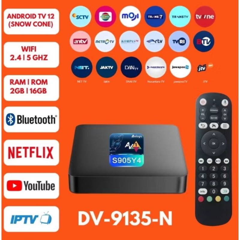 SMART TV BOX DV 9135 N OS 12 SUPPORT NETLIX (UNLOCK &ROOT) BONUS CHANEL PREMIUM 1 BULAN