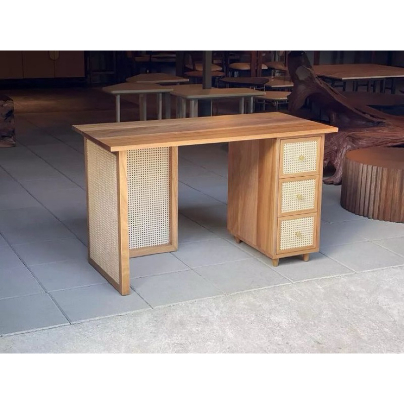 MEJA BELAJAR JATI ROTAN 3 LACI