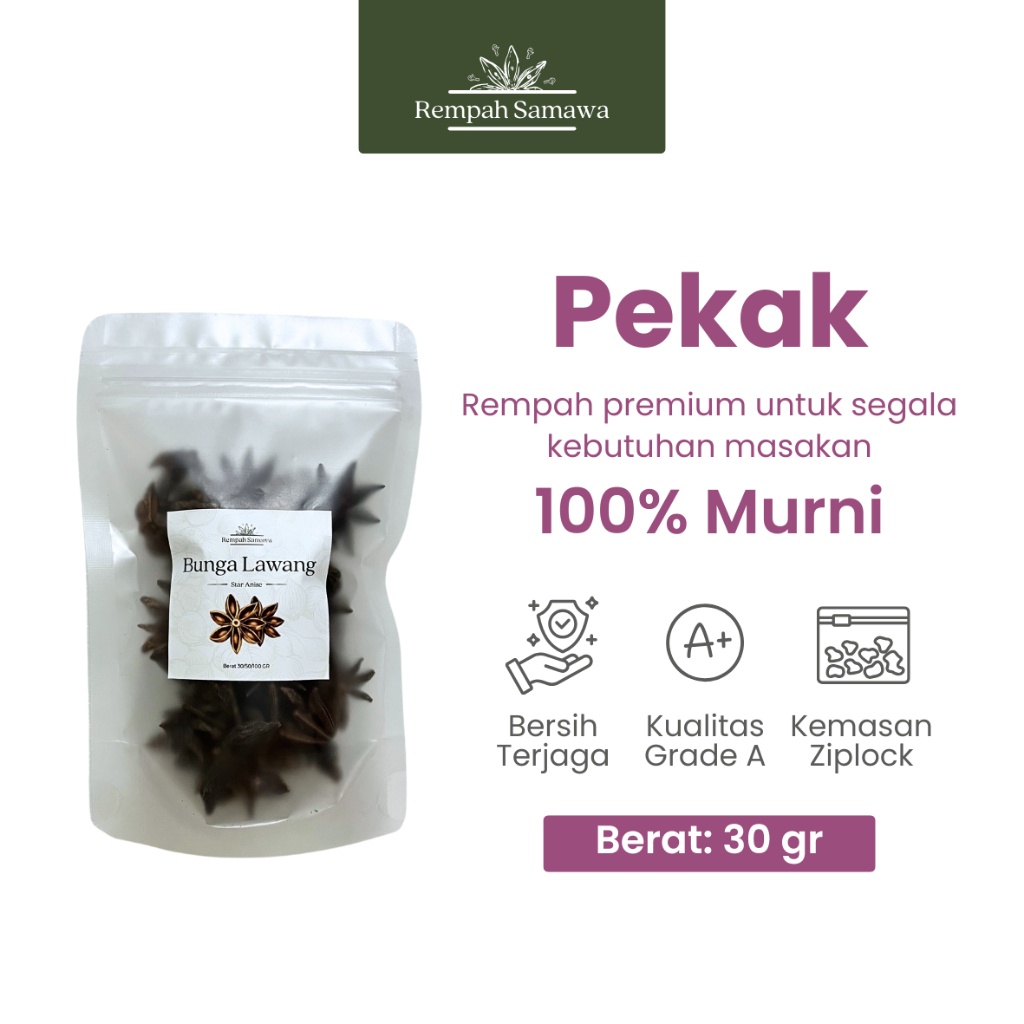 

Pekak / Bunga Lawang / Star Anise 30 Gram - Rempah Samawa Kemasan Ekonomis