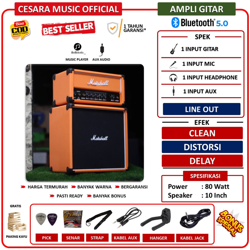 Ampli gitar & bass 10 Inch 3 input bluetooth bisa untuk karaoke head cabinet efek distorsi & delay