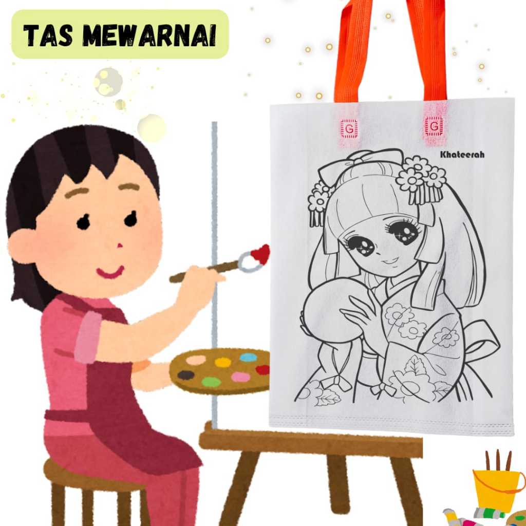 

(12 PCS)Tas Mewarnai Anak ukuran 25x35 (TALI MIX WARNA)Tas Kain spunbond
