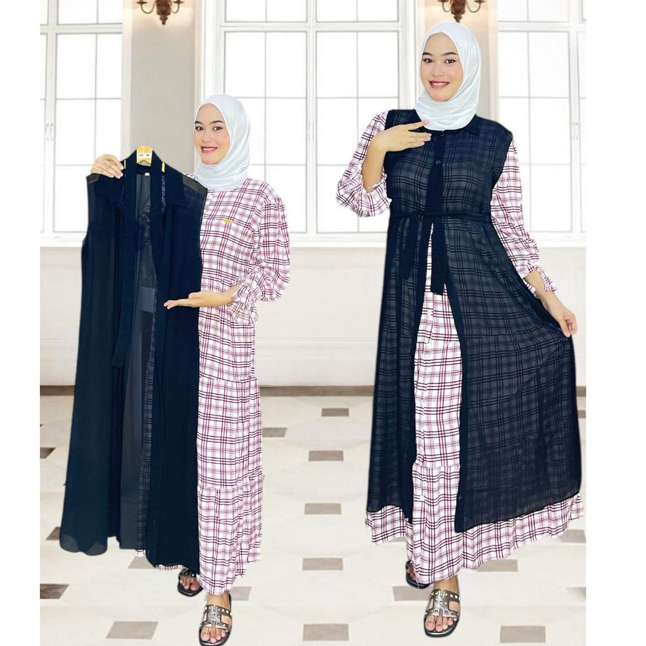 GAMIS PLUS BLAZZER CRINGKLE ALEVA PRINT MOTIF KOTAK CANTIK SUPER JUMBO LD 130 BB SMPAI 120 KG BUSUI 