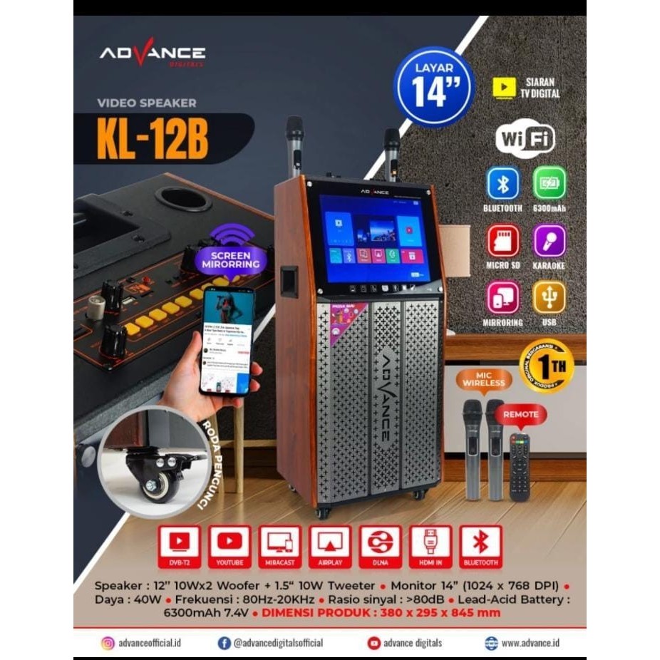 Speaker Advance KL-12B Portable Bluetooth Speaker LCD TV+2 MIC
