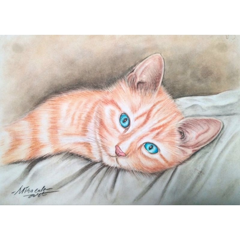 

Lukisan Kucing Krayon Kertas Uk.A4 Asli tangan bukan digital