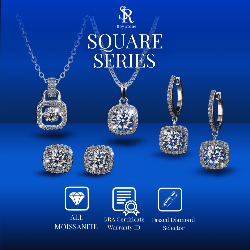 [SET SERIES] RoyStone - SQUARE SERIES Kalung Anting Onepair B1G1 Moissanite Original Wanita Sertifik