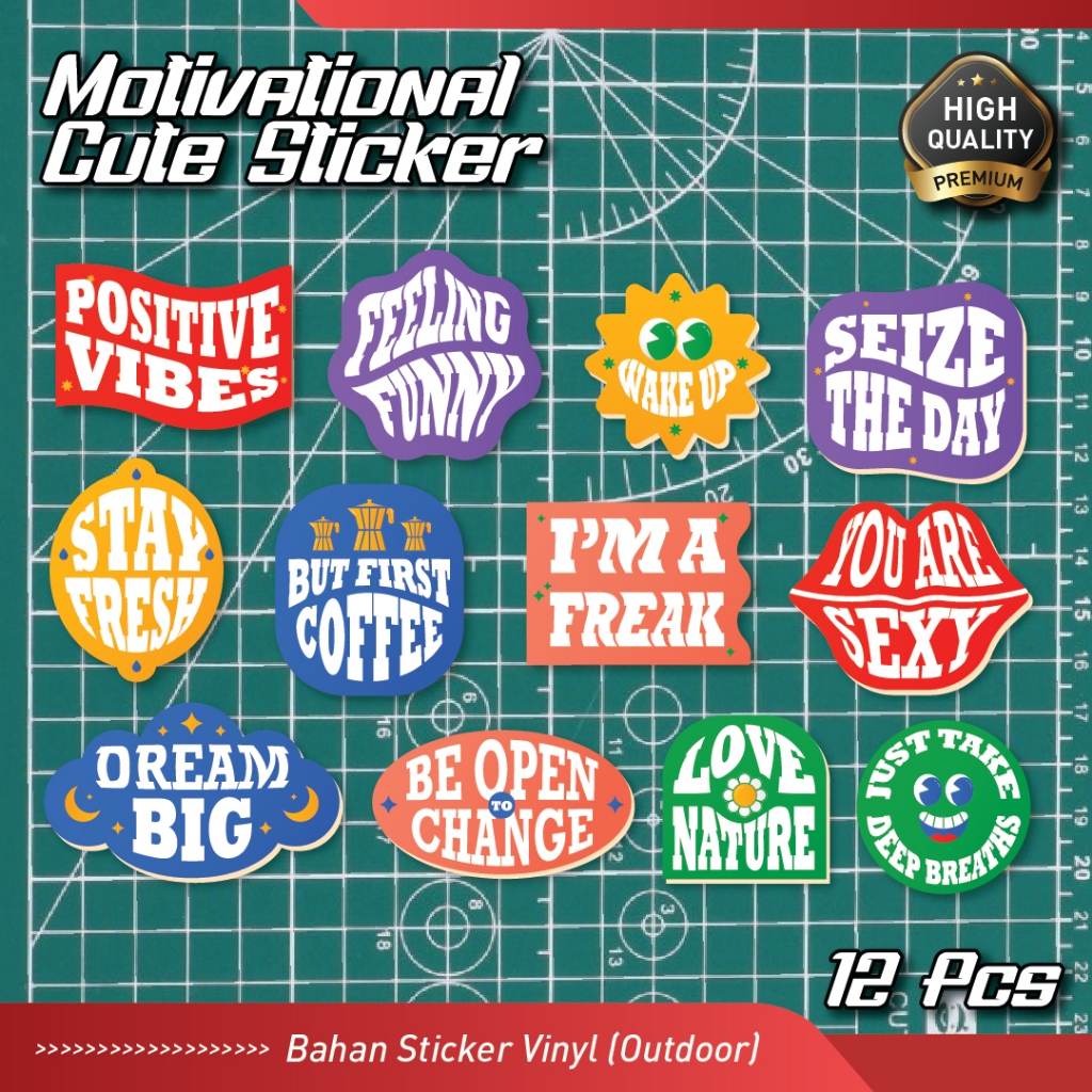 

12 Pcs Sticker Pack Ikon Lucu Positive Vibes Bahan Vinyl Anti Air Tempel Dimana Saja - Sticker Aesthetic Buku Diary Casing HP Laptop Gitar Helm