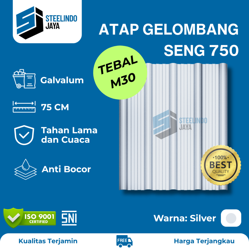 Atap Seng Gelombang Galvalum Silver Lebar 750mm Tebal 0,30mm (M030) Panjang 1 - 6 Meter