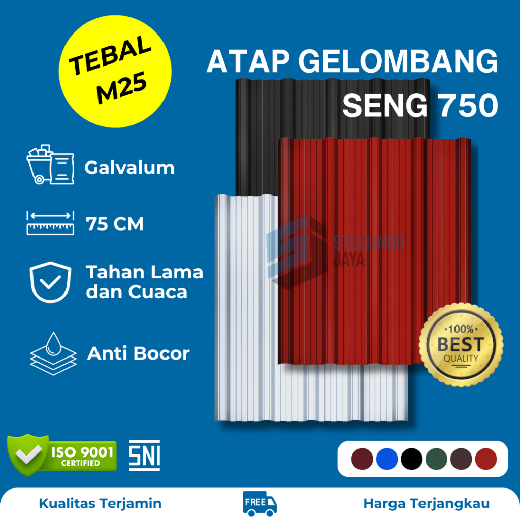 Atap Seng Gelombang Galvalum Lebar 750mm Tebal 0,25mm (M025) Panjang 1 - 6 Meter