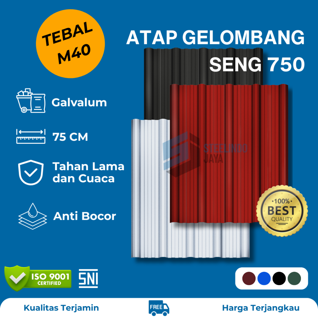 Atap Seng Gelombang Galvalum Lebar 750mm Tebal 0,40mm (M040) Panjang 1 - 6 Meter