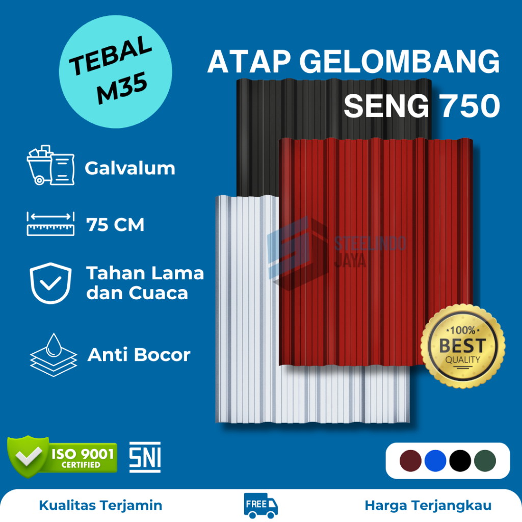 Atap Seng Gelombang Galvalum Lebar 750mm Tebal 0,35mm (M035) Panjang 1 - 6 Meter