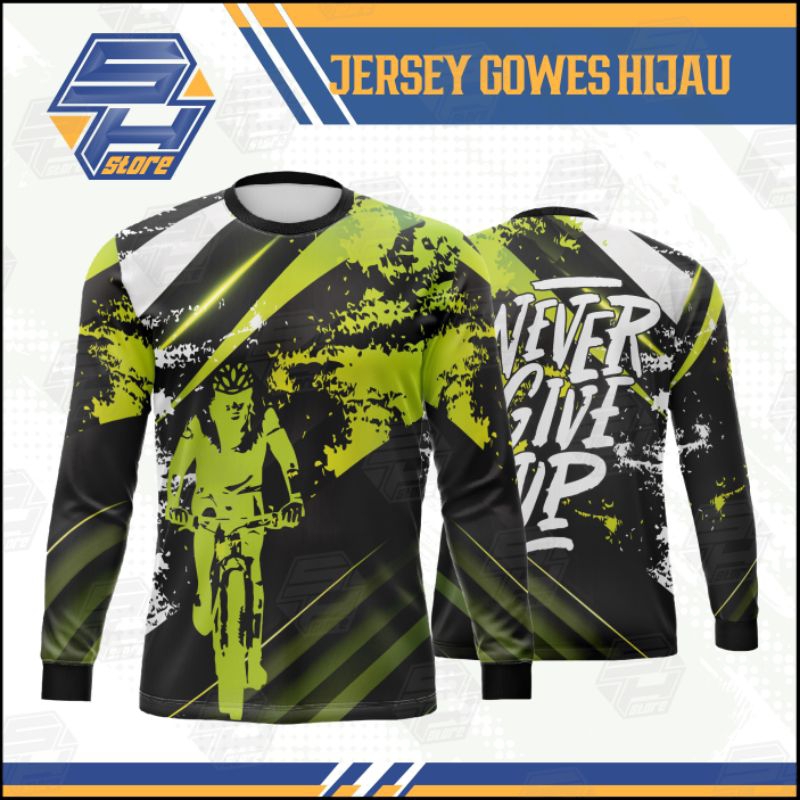 Jersey Gowes V.4 MTB DRI-FIT Lengan panjang Hijau Hitam Putih / Jersey gowes / Baju gowes / kaos gow