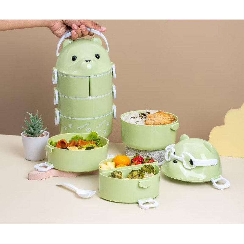 Lovenia Rantang Panda Sekat Susun 4 Bonus Sendok Makan Plastik / Lunch Box Beruang karakter Sekat 4